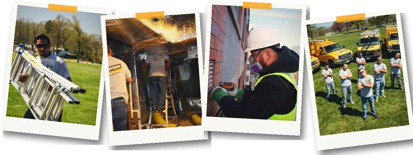 Duct Dudes technicians on the job: carrying ladders, working in a mechanical room, cleaning a high-rise dryer vent, and the crew with the truck fleet