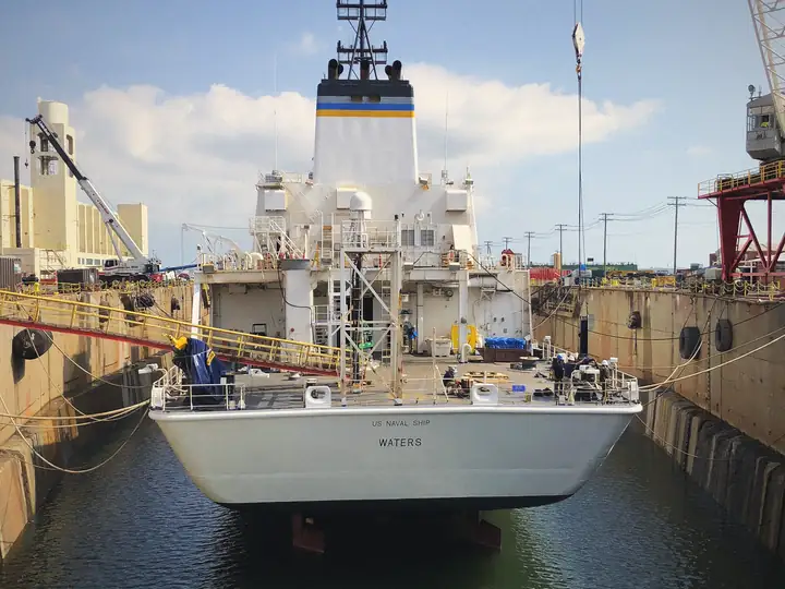 Ship in dry dock where Duct Dudes performed maritime HVAC duct cleaning